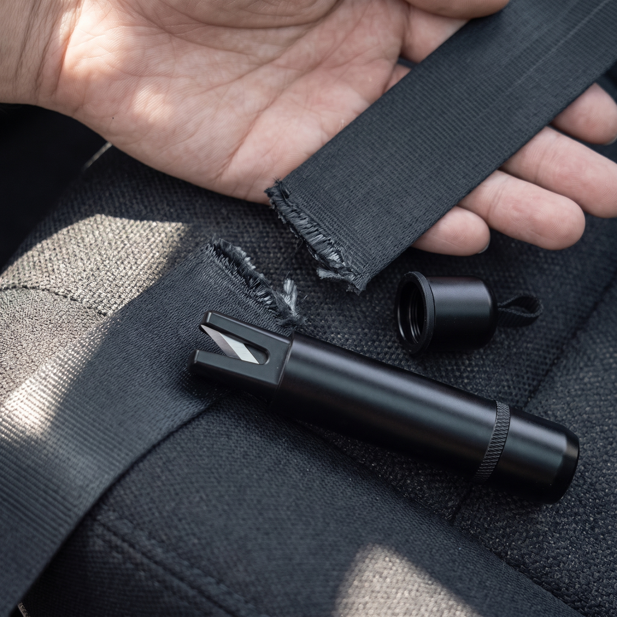 A cleanly severed seat belt beside the same exposed ExitReach cutter