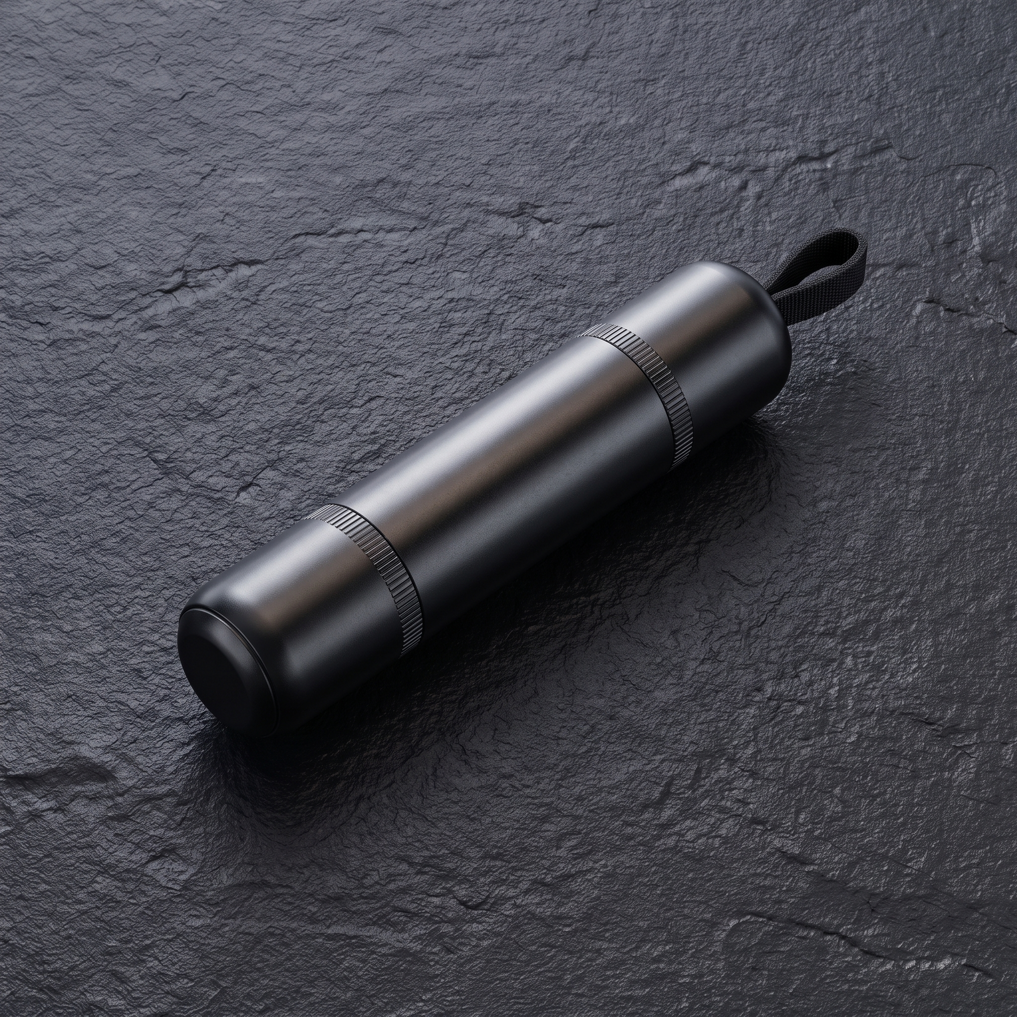 The matte-black cylindrical ExitReach car escape tool on a dark textured background