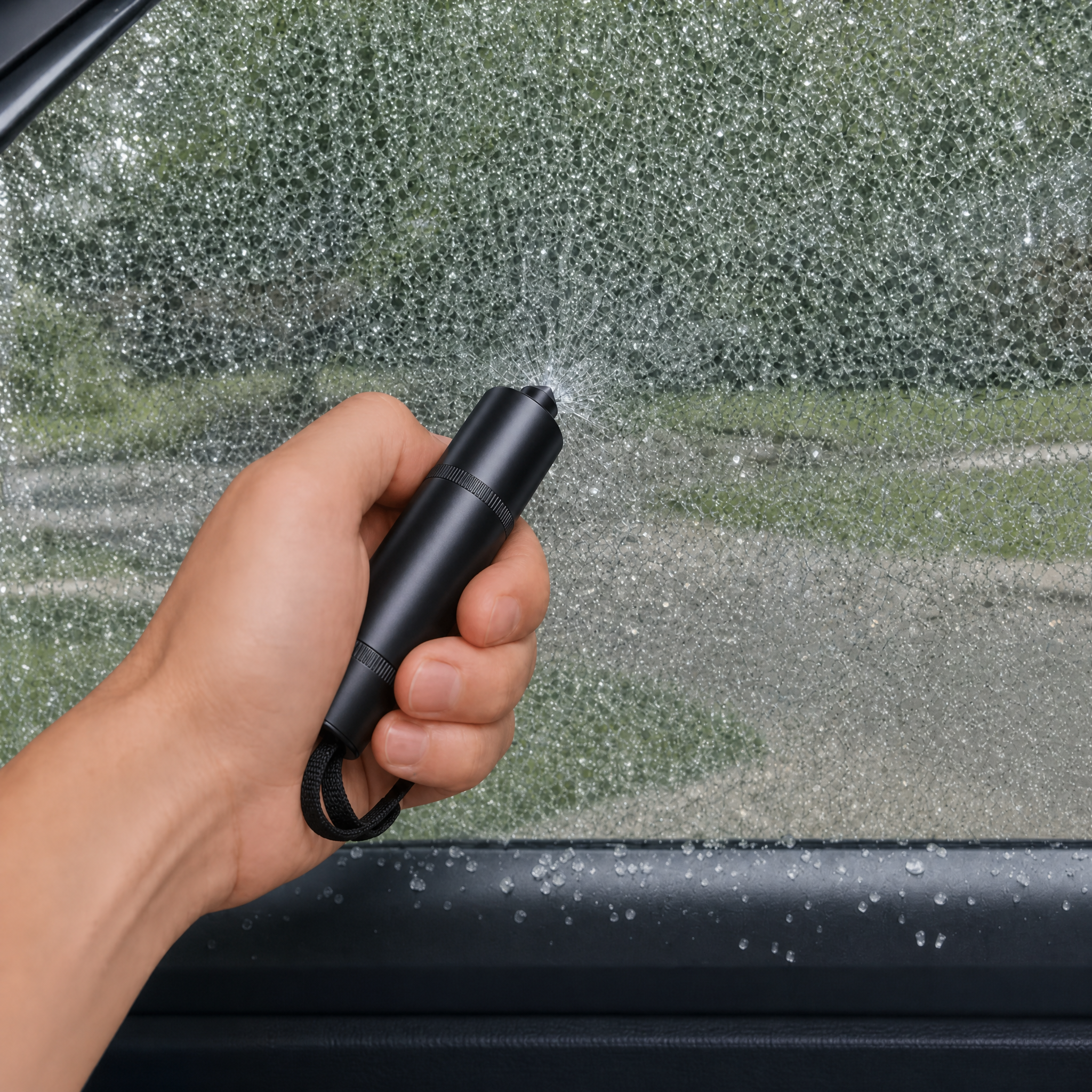 The cylindrical ExitReach held against shattered tempered side-window glass