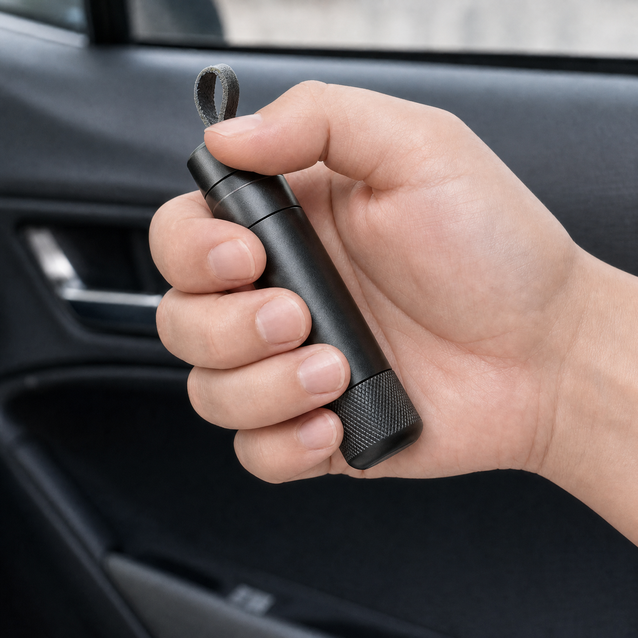 Palm-sized cylindrical ExitReach held securely in a fist inside a car