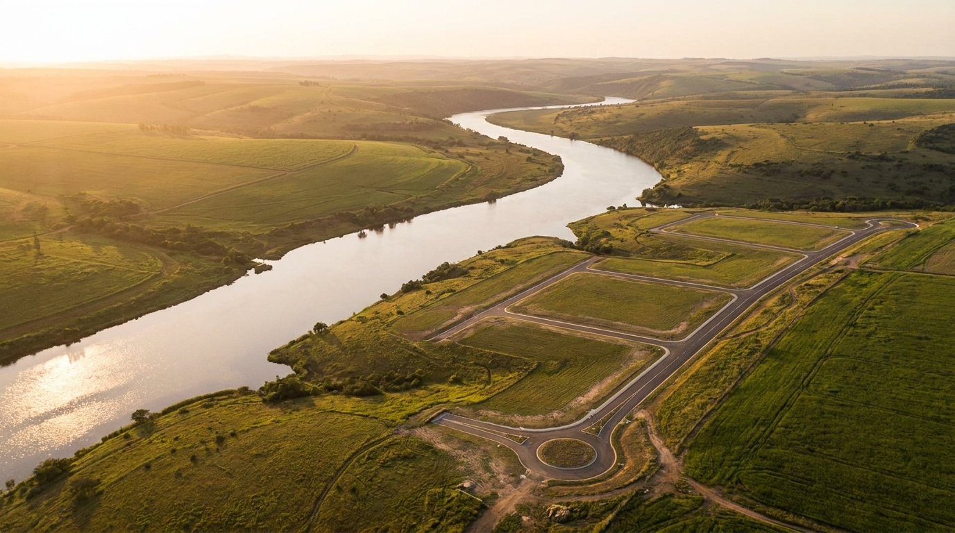Aerial of riverside land at golden hour