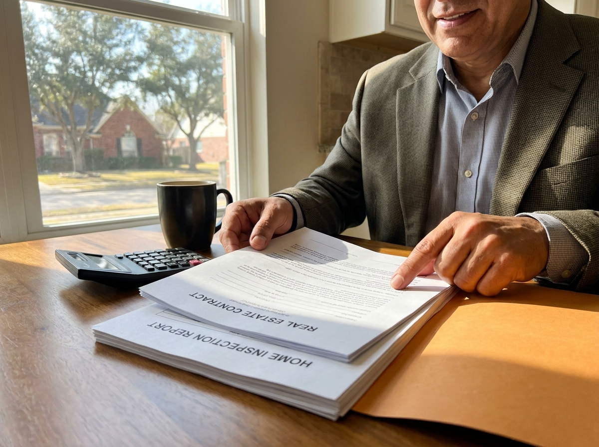 DeSoto TX homeowner reviewing a Dallas home sale contract and inspection reports at the kitchen table to avoid deal-killers.