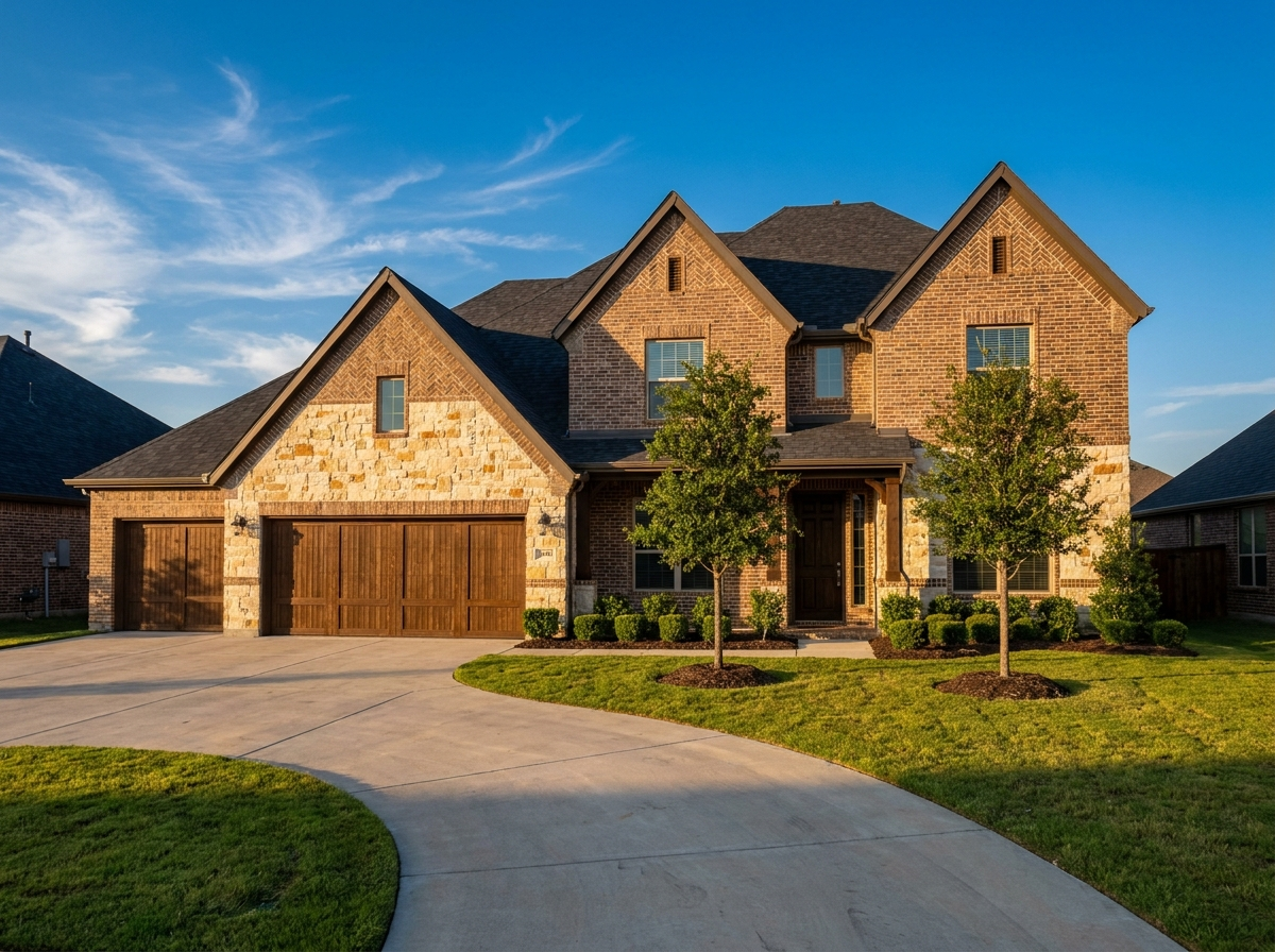 New construction stone-and-brick home in Midlothian TX with three-car garage — DR Horton vs Bloomfield Homes comparison hero