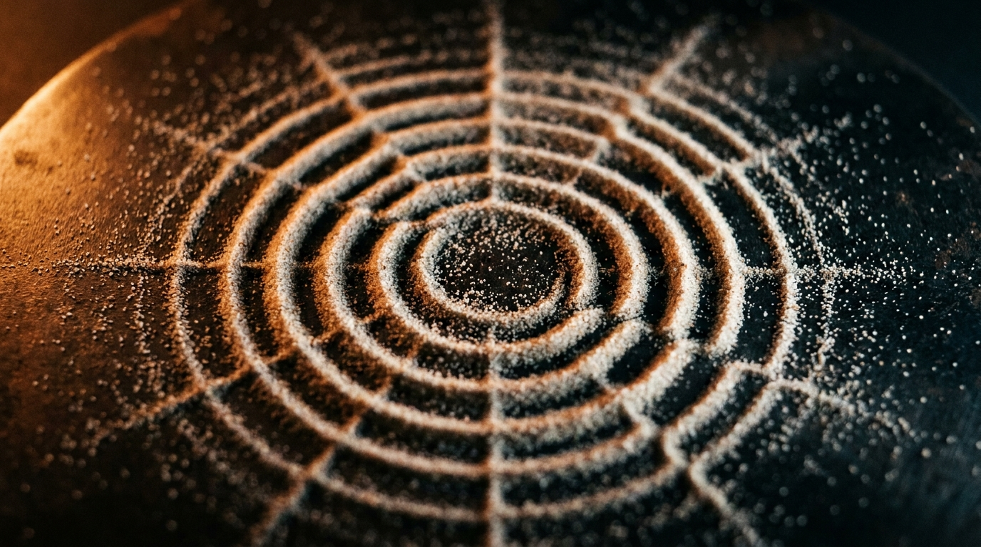 Fine sand organised into a symmetrical geometric pattern by sound vibration