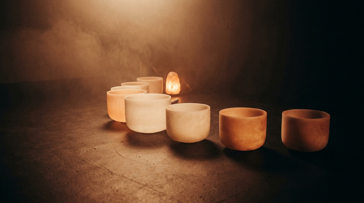 Crystal singing bowls of different sizes at Sound of Soma, Windsor Melbourne