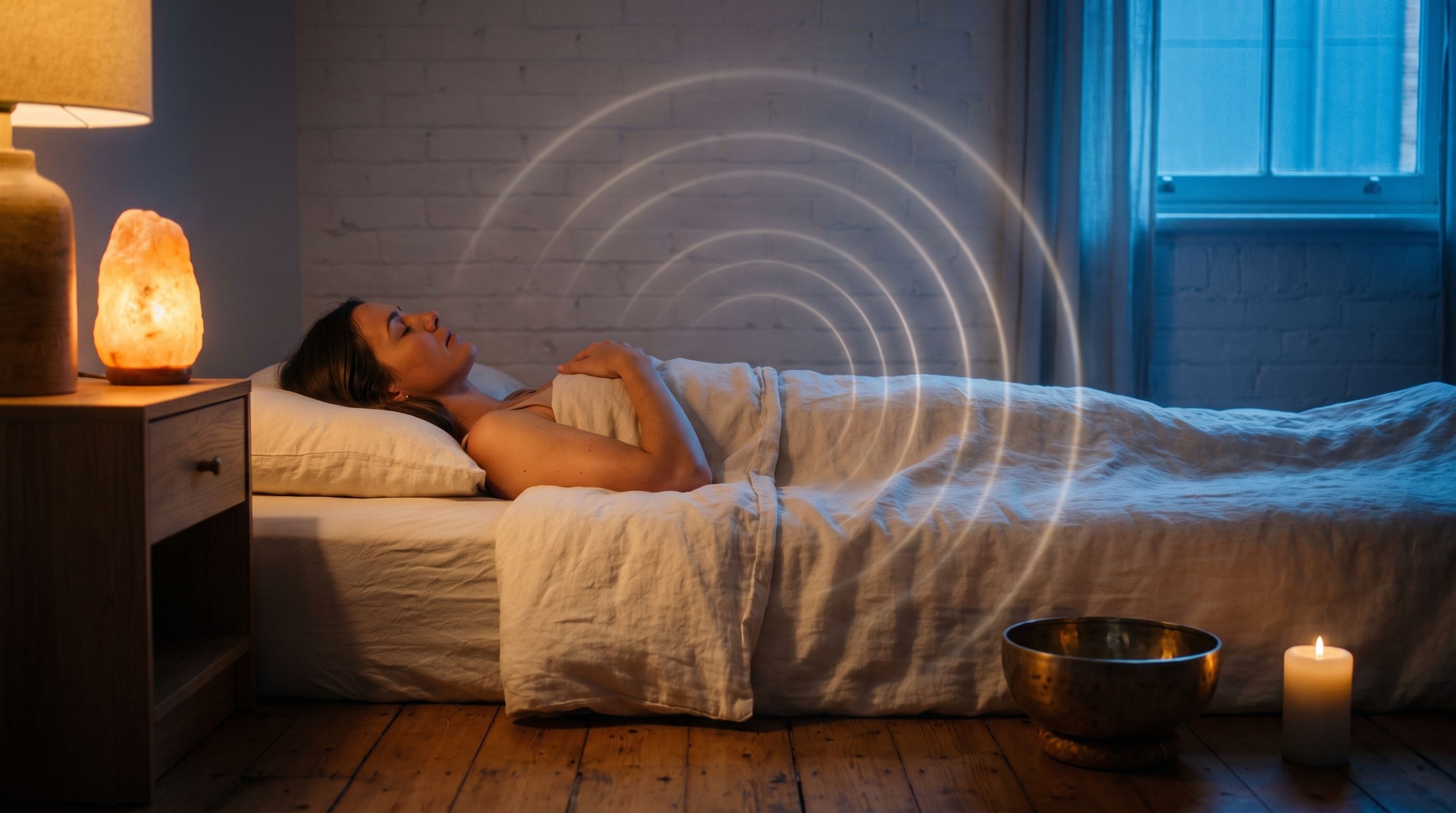 A woman resting at home during a distant sound healing session, sound waves moving through the room