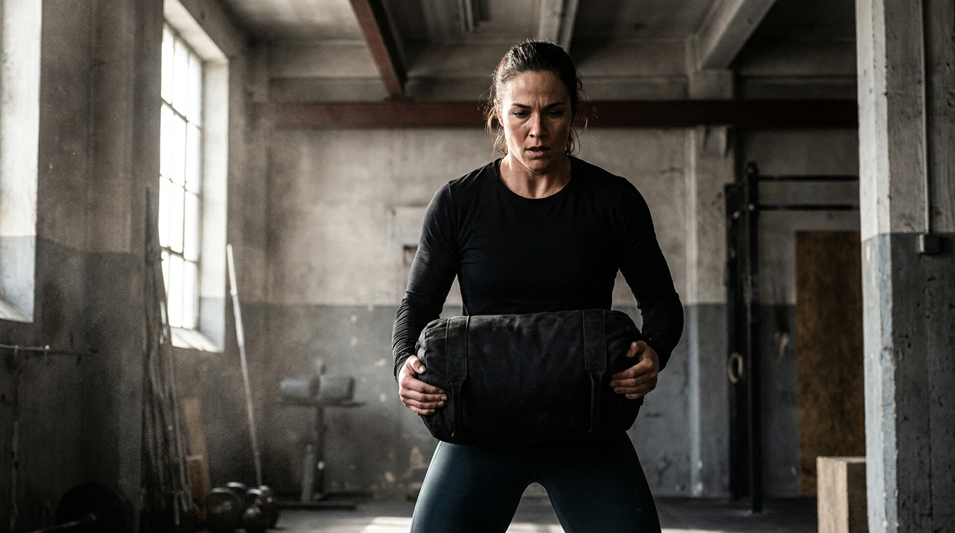 Athlete performing a sandbag clean at chest height in an industrial gym