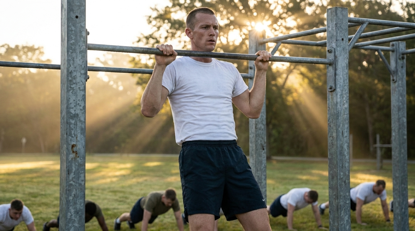 Athlete performing strict pull-ups on an outdoor rig at sunrise