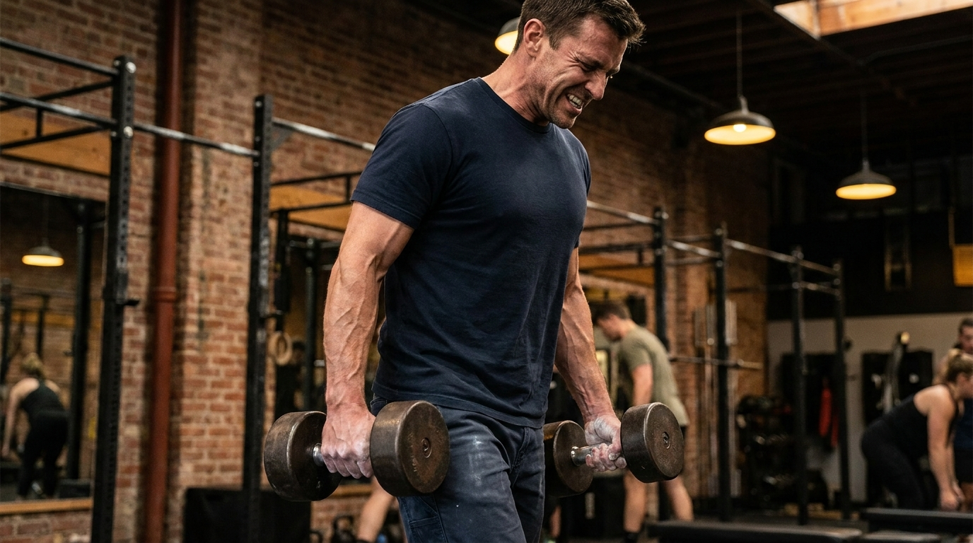 Athlete performing a heavy farmers carry across a gym floor