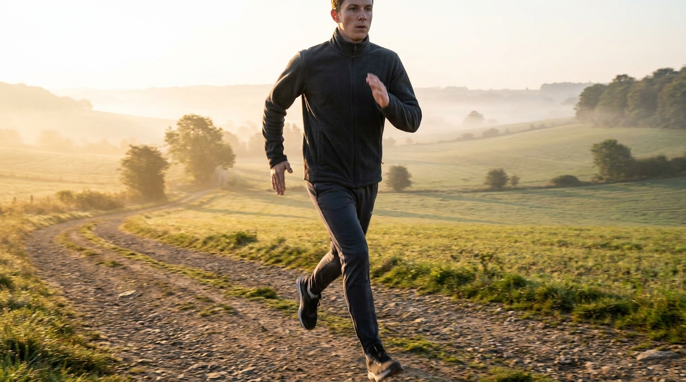 Lean athlete walking fast on an outdoor trail at dawn