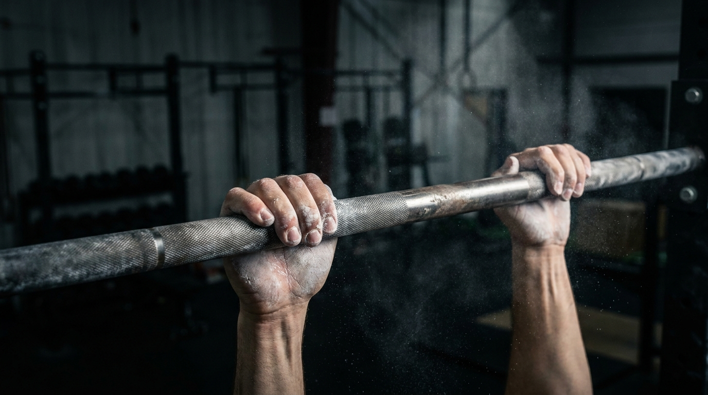 Close-up of chalked hands gripping a pull-up bar