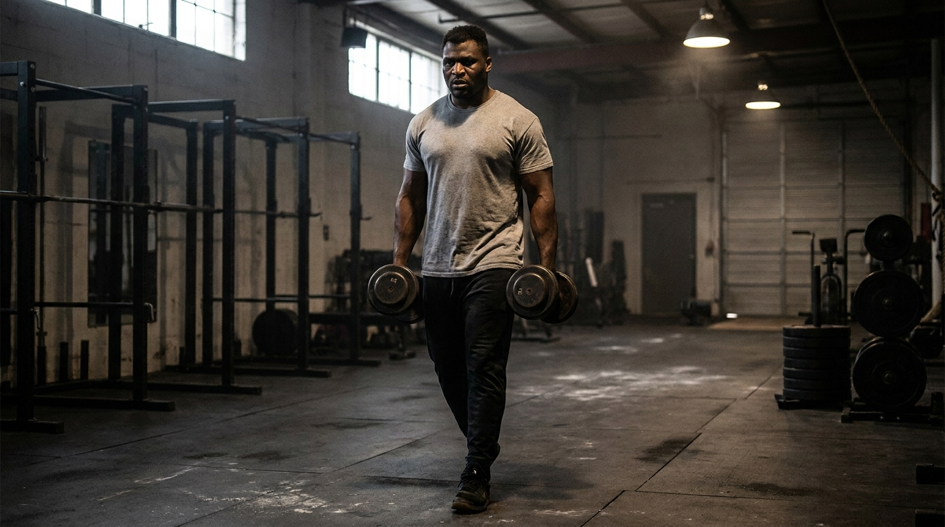 Athlete performing a heavy farmers carry with dumbbells across a gym floor