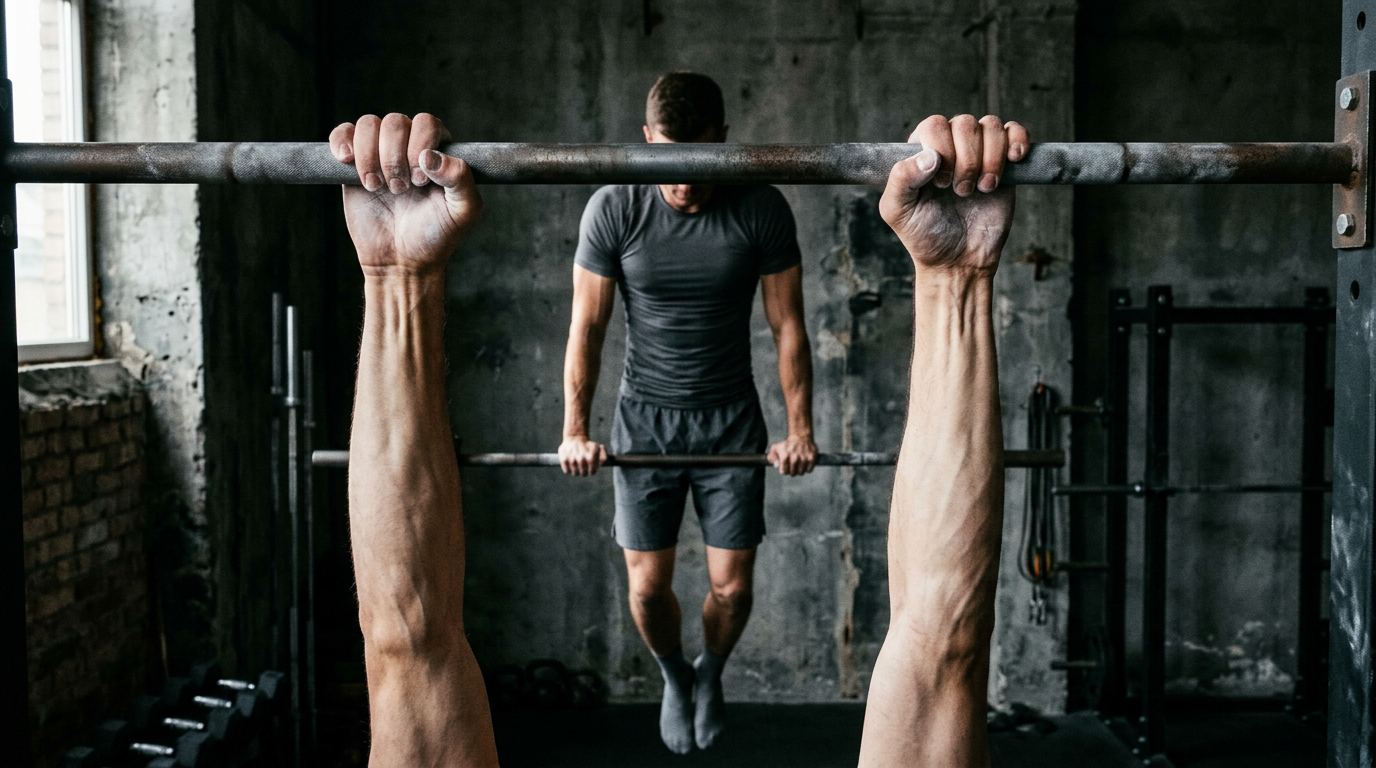 Athlete holding a heavy dead hang from a pull-up bar with forearms engaged