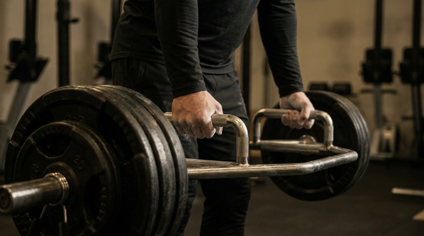 Close-up of hands gripping a loaded hex bar