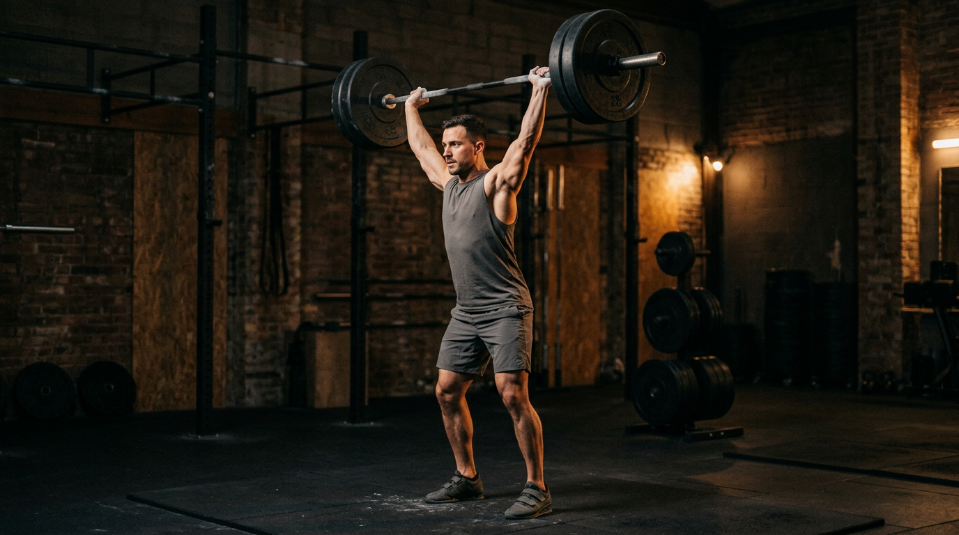 Side profile of an athlete holding a barbell overhead at lockout