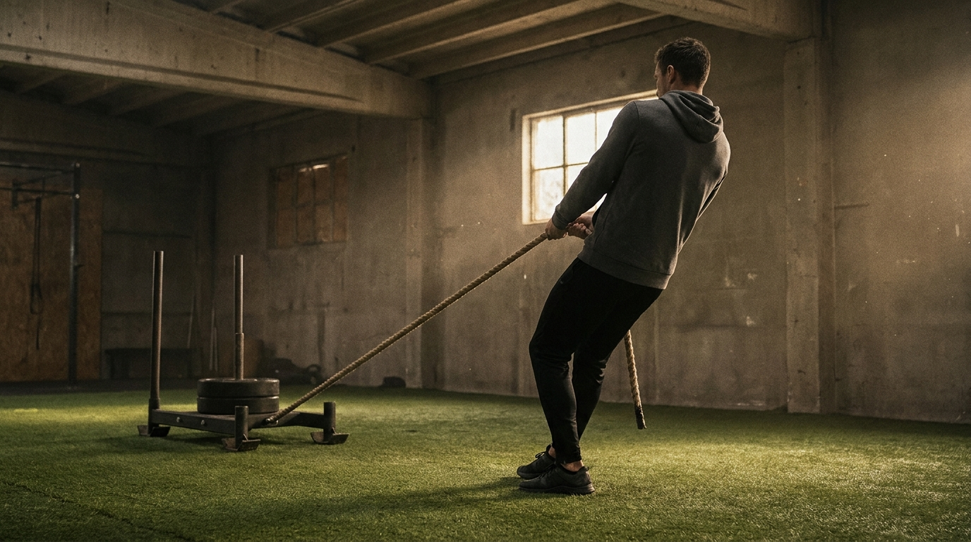 Athlete pulling a loaded sled backward with a rope on turf