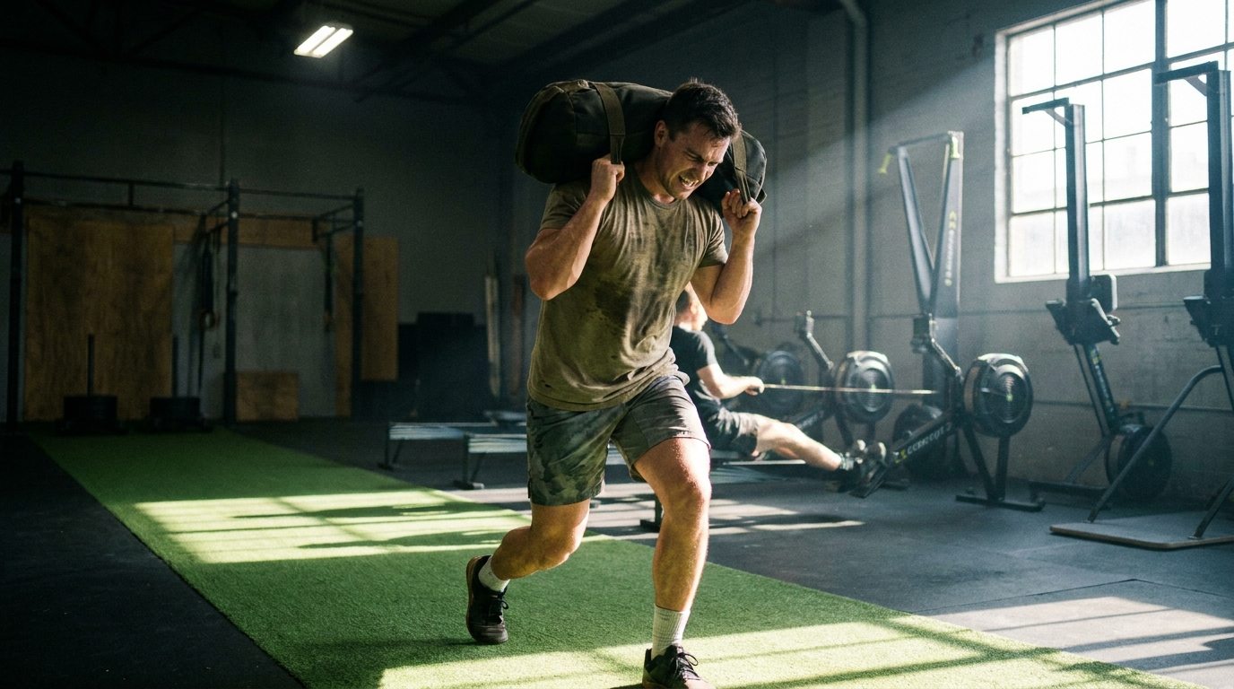Athlete performing heavy walking sandbag lunges down a turf lane in a functional fitness gym