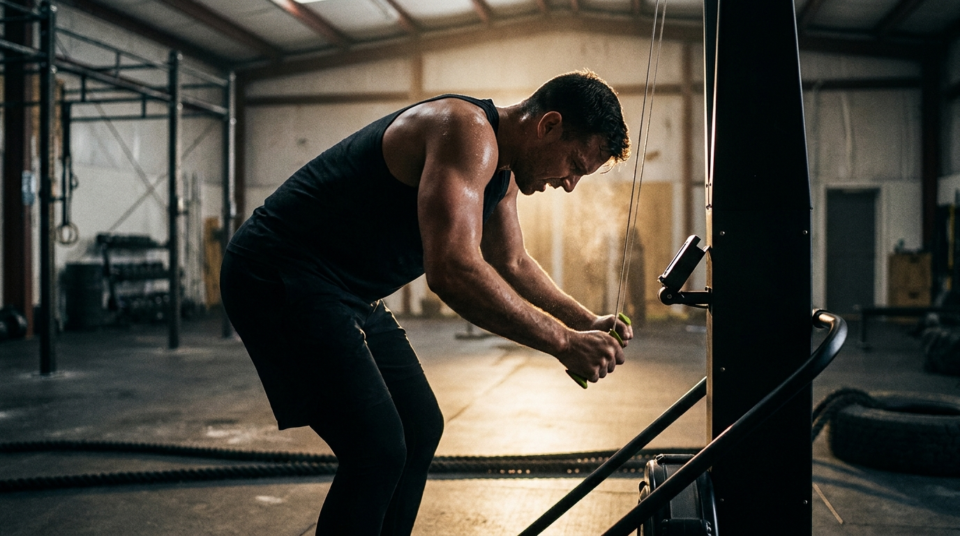 Athlete mid-effort on a SkiErg machine in a dimly lit functional fitness gym
