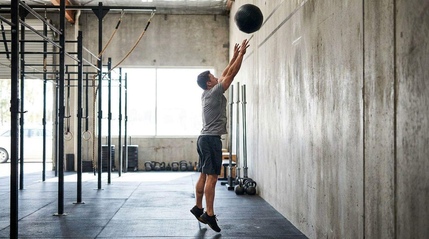Athlete throwing a medicine ball to a wall target during a wall ball rep in a functional fitness gym