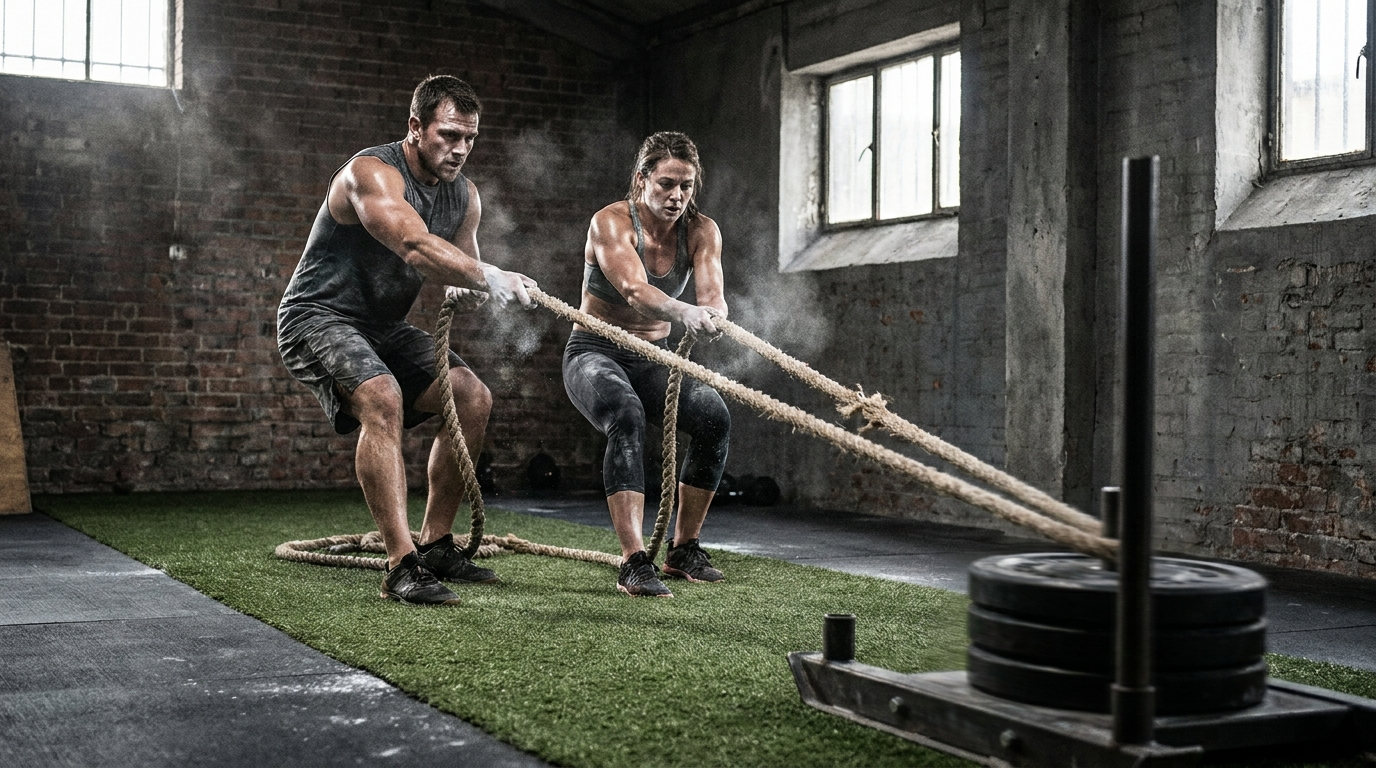 Two athletes hauling a heavy sled during a sled pull in a functional fitness gym