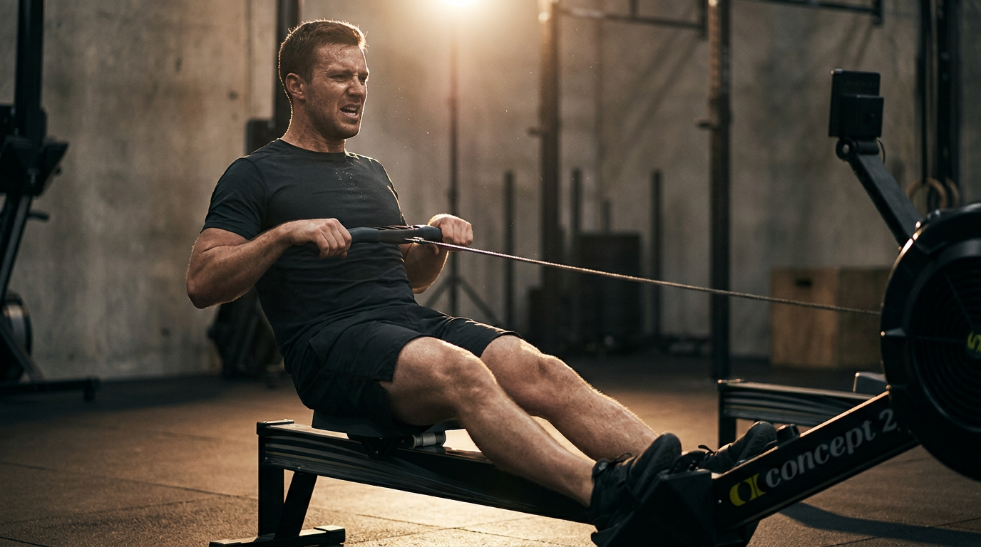Athlete rowing hard on an indoor rowing machine during Hyrox training