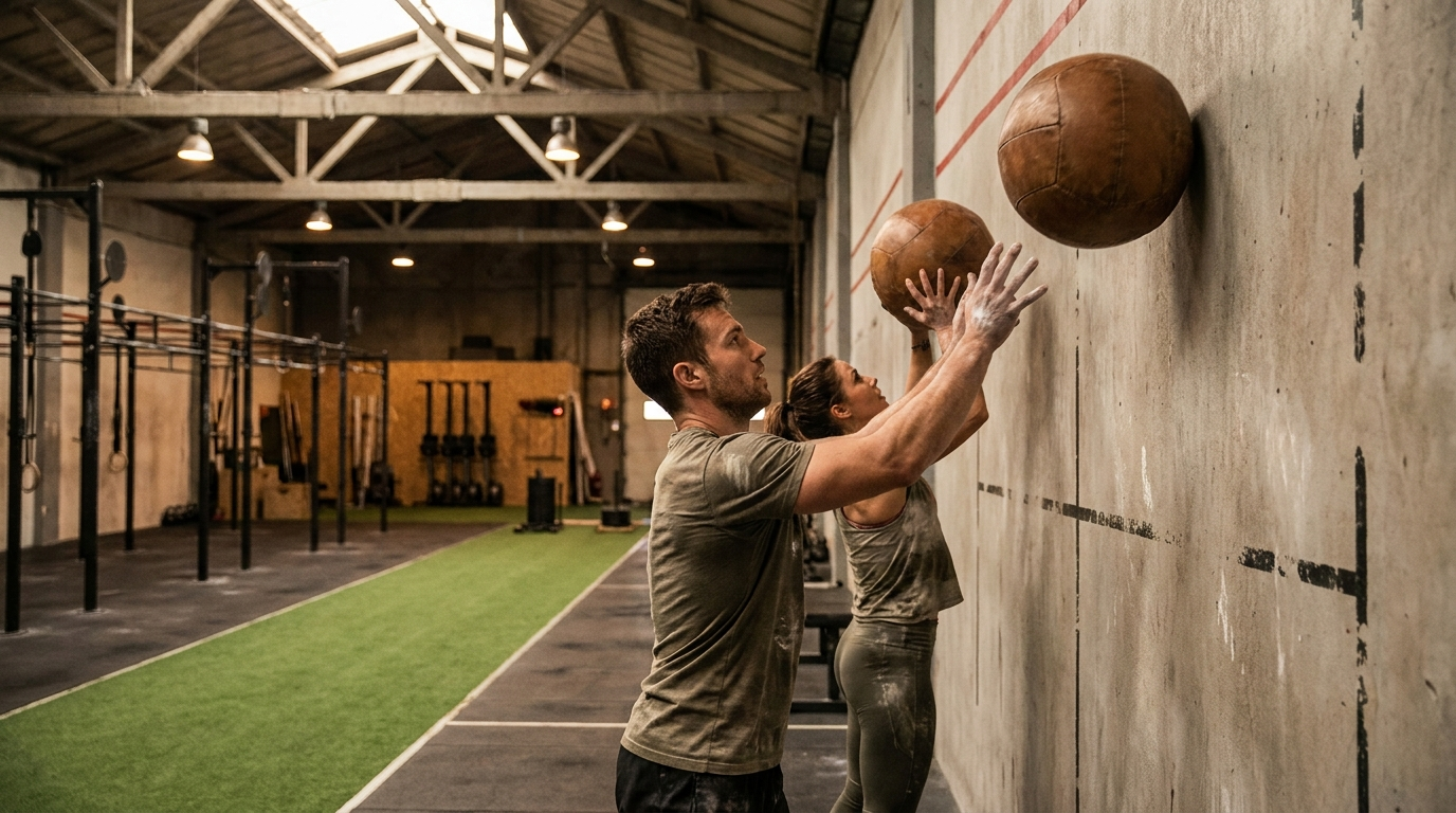 Athletes performing wall ball throws in a large functional fitness gym