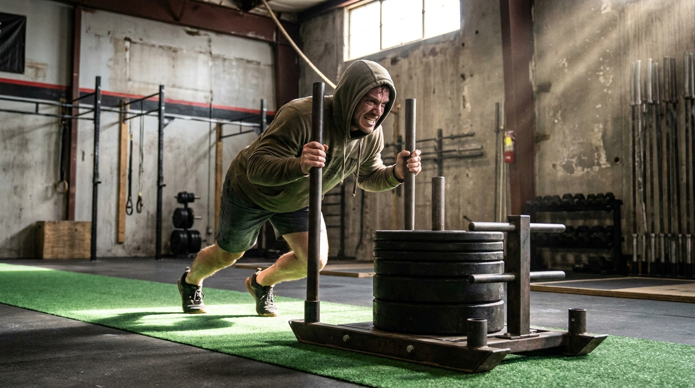 Athlete pushing a heavy weighted sled down a turf lane during Hyrox training