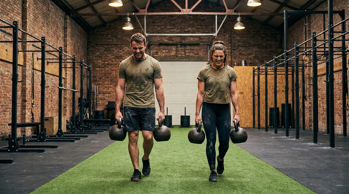 Athletes carrying heavy kettlebells during a farmers carry in a functional fitness gym