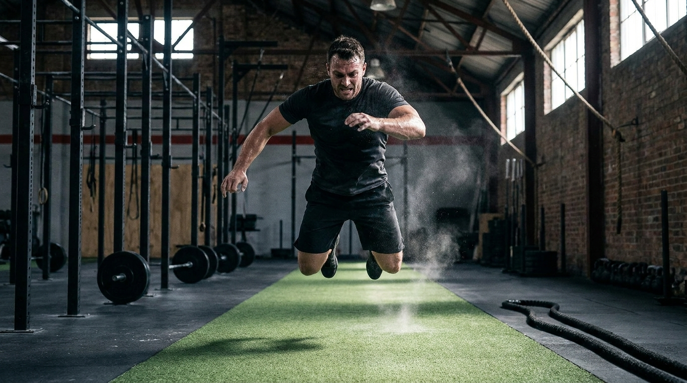 Athlete performing a burpee broad jump down a turf lane during Hyrox training