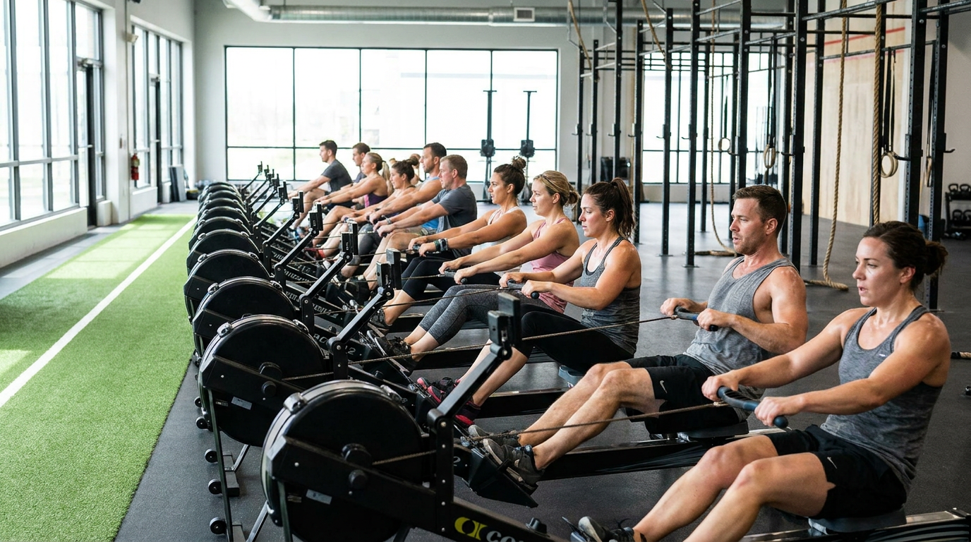 Athletes training hard on indoor rowing machines in a bright modern functional fitness gym