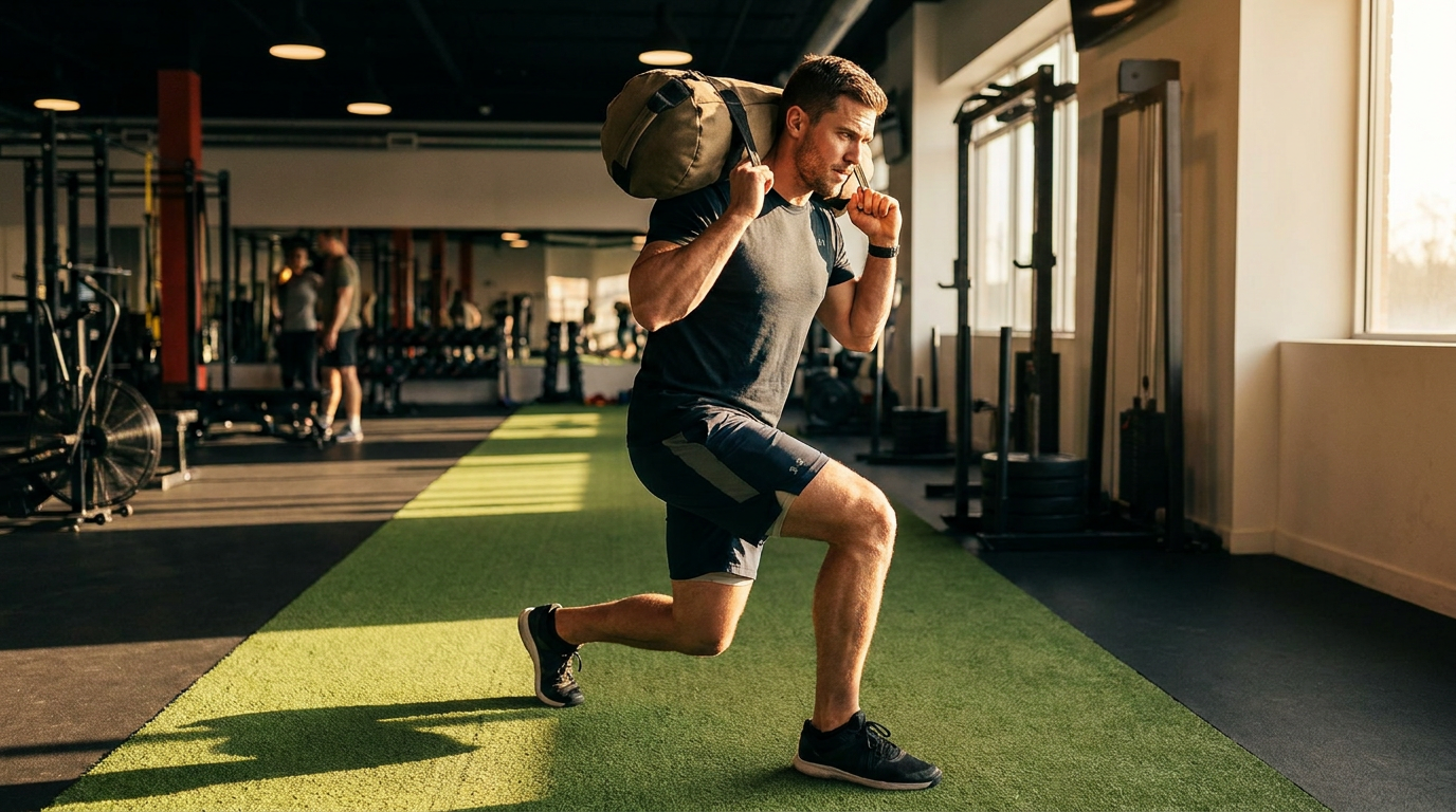 Athlete performing walking sandbag lunges with a heavy training sandbag during Hyrox training