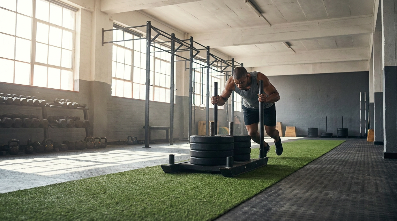 Athlete pushing a heavy weighted sled across turf in a bright industrial gym