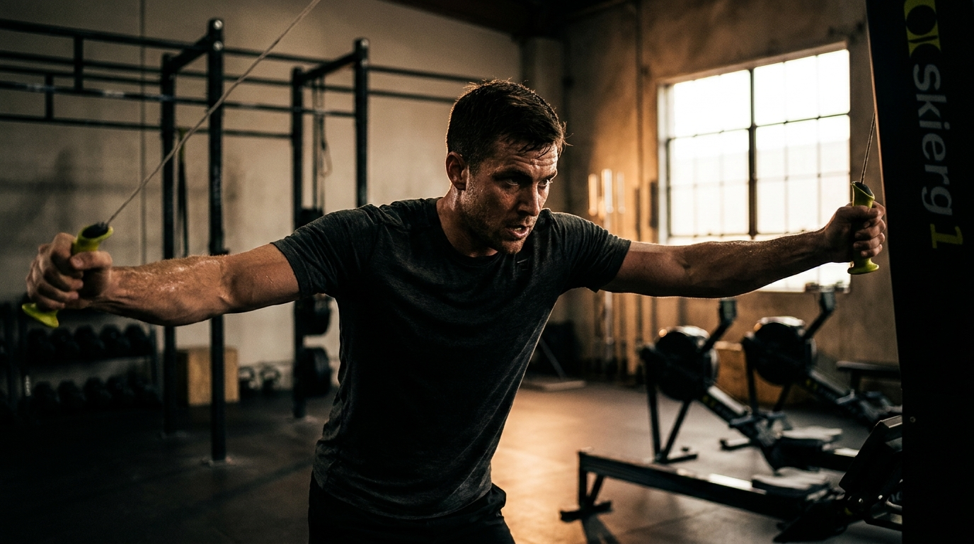 Athlete pulling hard on a SkiErg machine during Hyrox training