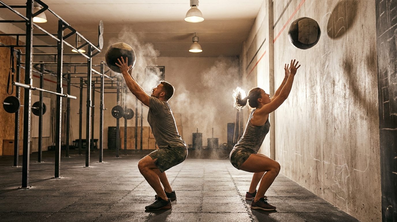 Two athletes throwing wall balls during a functional fitness workout