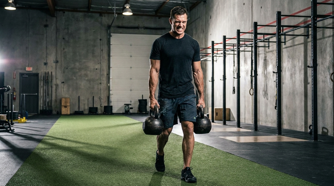 Athlete carrying heavy kettlebells during a farmers carry in a gym