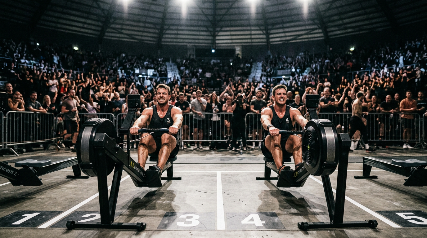 Two athletes racing side by side on rowing machines in an indoor fitness competition