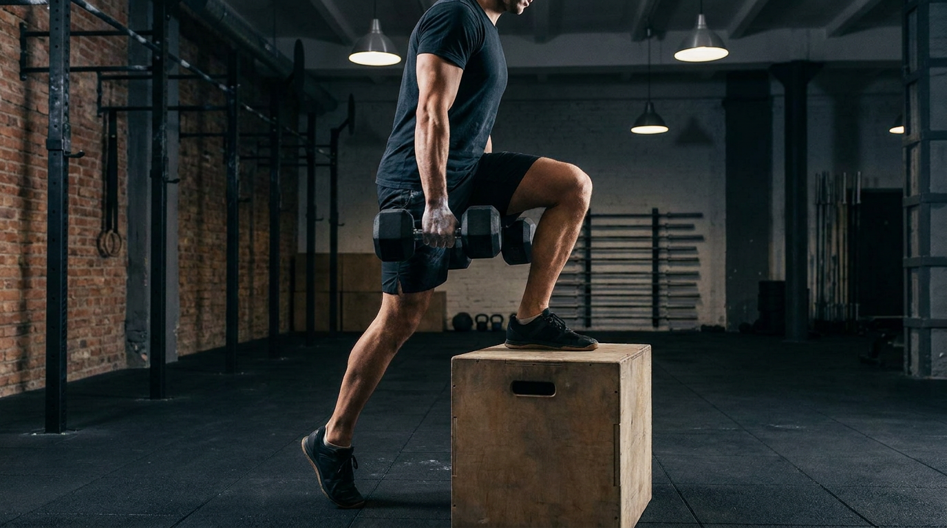 Athlete performing box step overs with heavy dumbbells during hybrid fitness training