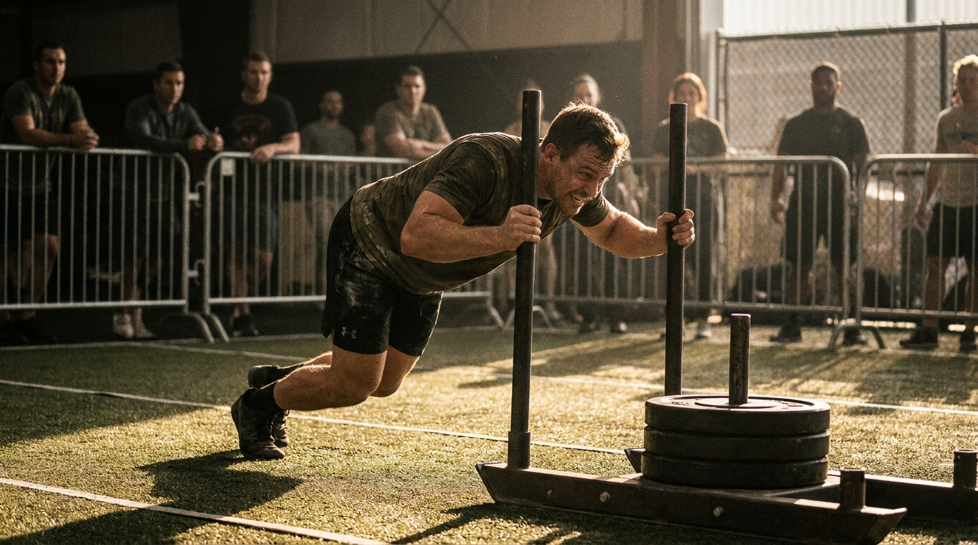 Athlete pushing a heavy sled during an indoor fitness competition