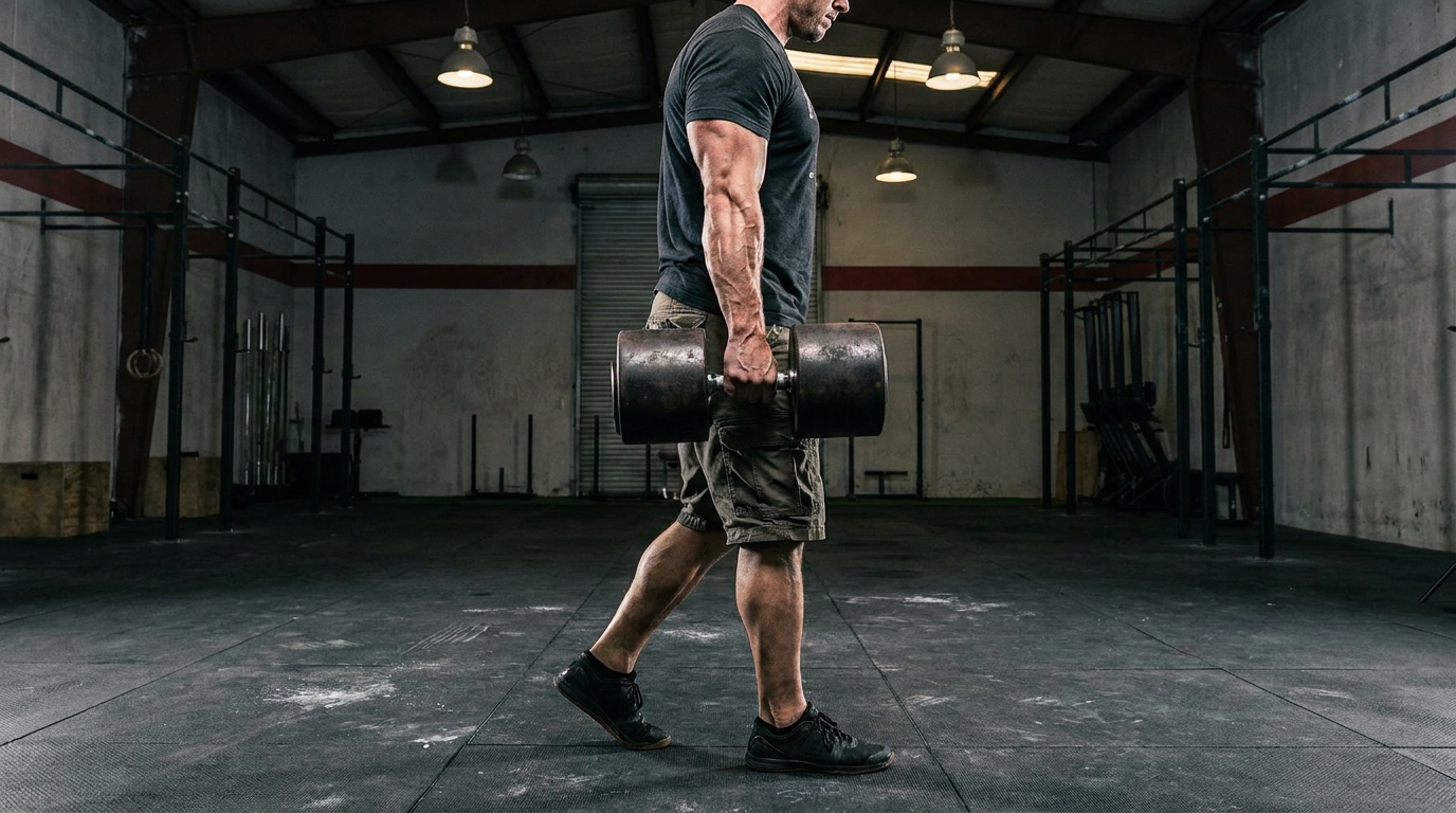Athlete performing a heavy farmers carry with dumbbells in a gym