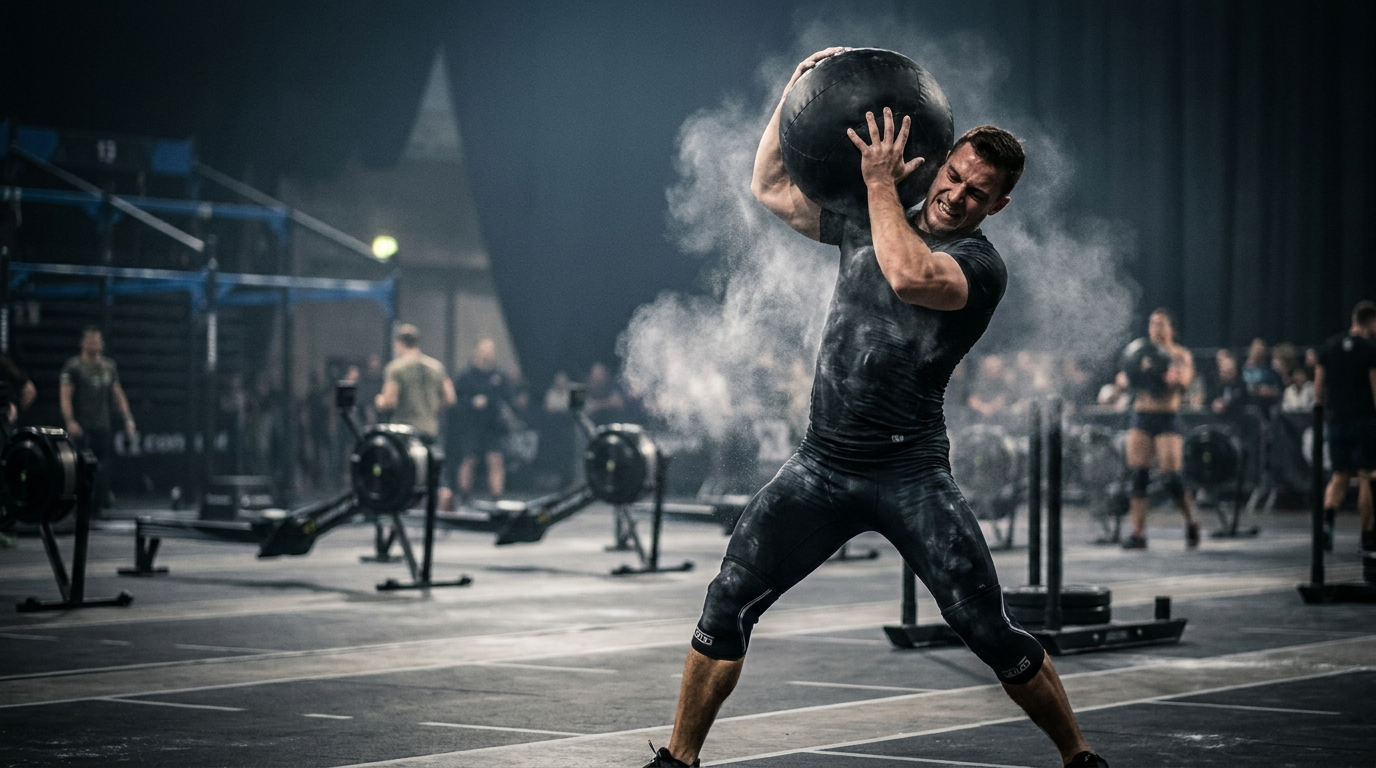 Athlete performing a dead ball shoulder over during an indoor fitness competition