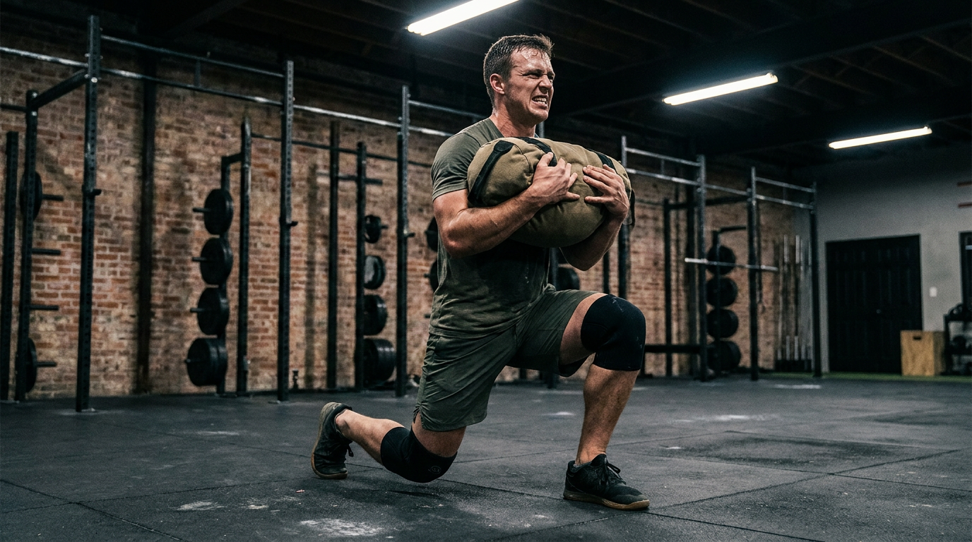 Athlete performing weighted reverse lunges with a heavy training sandbag