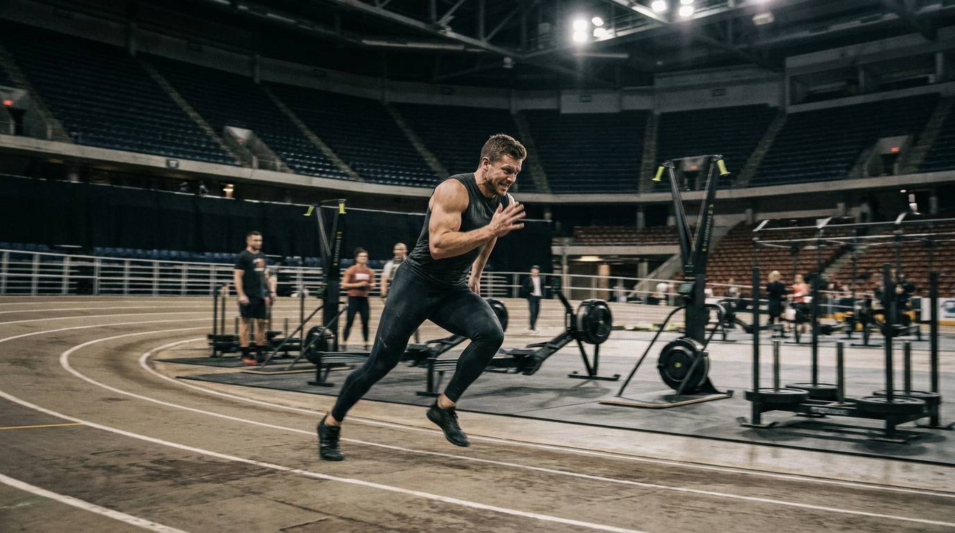 Athlete sprinting on an indoor track between fitness stations during a DEKA race
