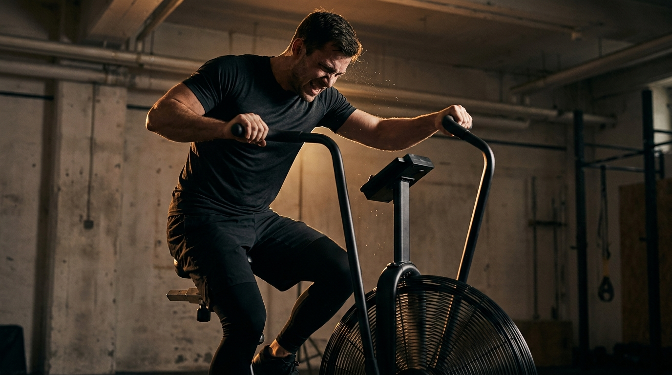 Athlete riding an air bike at maximum effort in a training gym