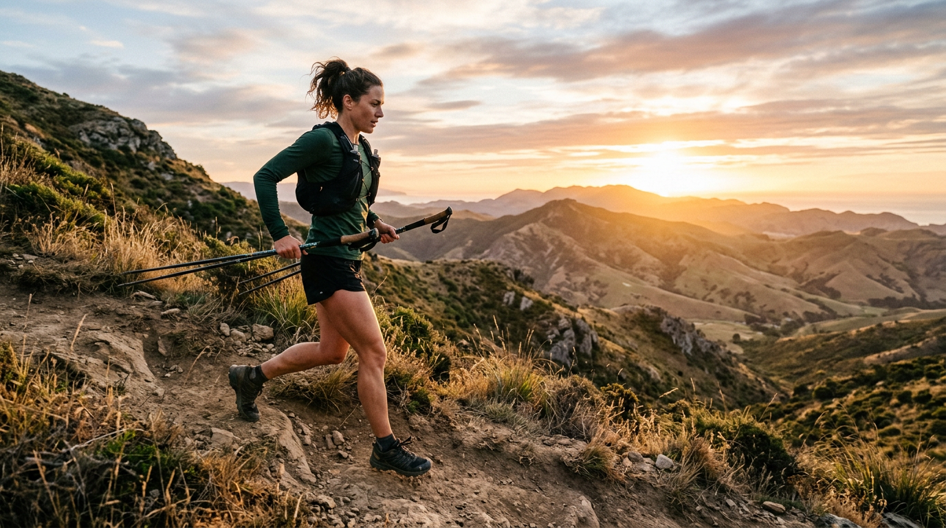 Athlete walking uphill on a trail at sunrise