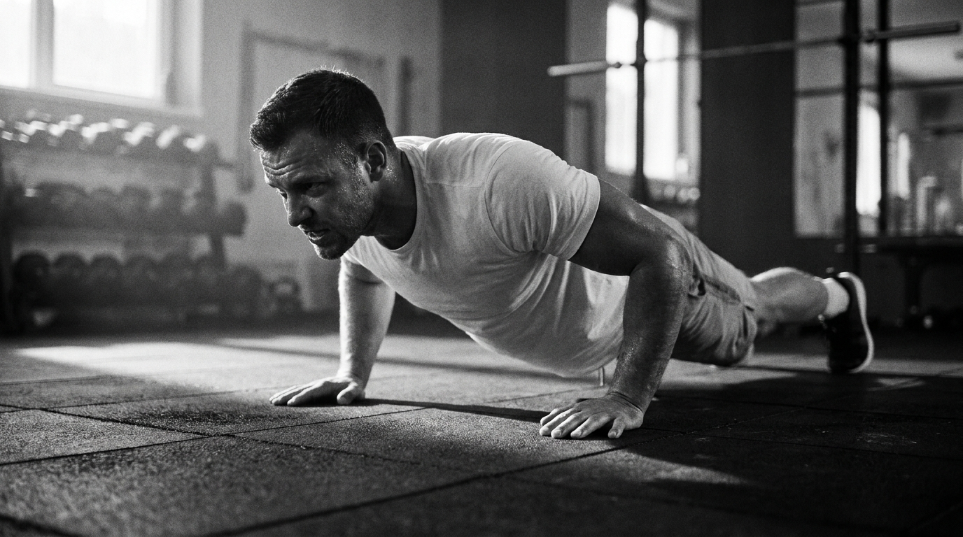 Athlete doing push-ups on a gym floor under dramatic lighting