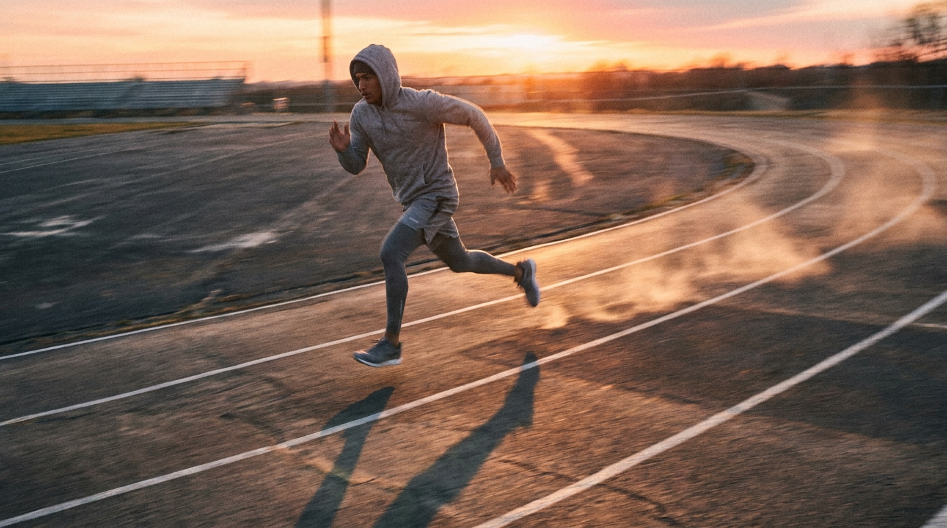 Runner sprinting on an outdoor track at sunrise