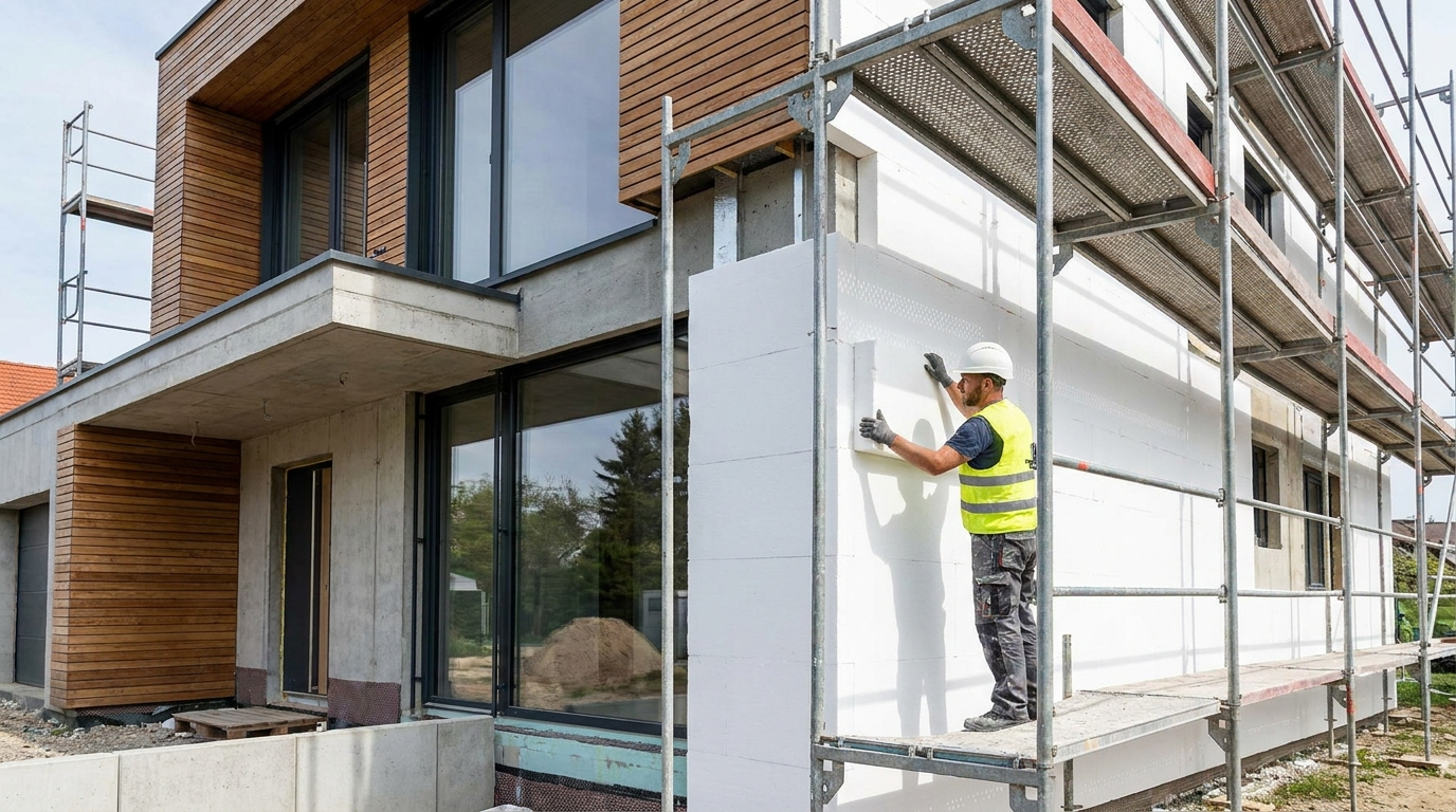 Handwerker bringt Dämmplatten an einer Hausfassade an