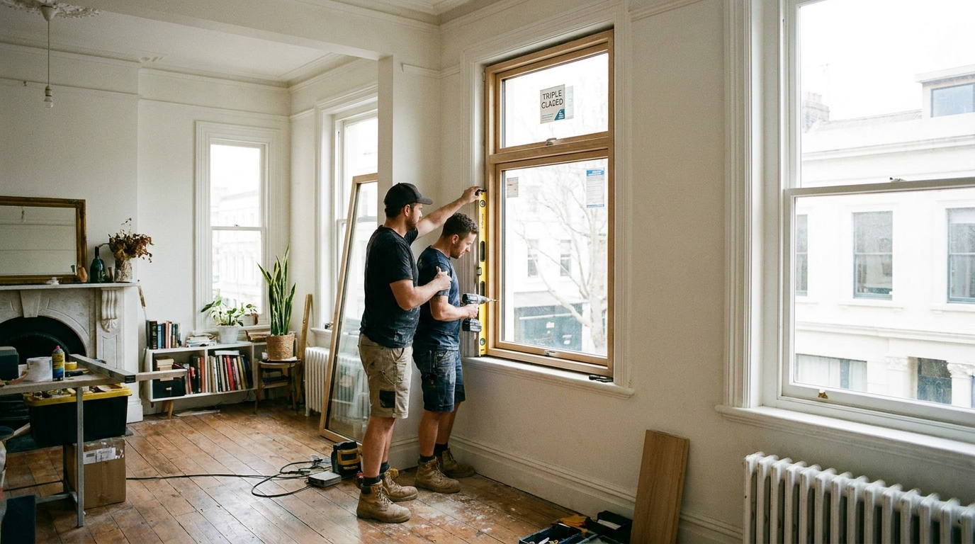 Handwerker bauen ein modernes Fenster ein