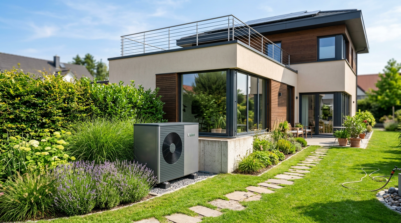 Wärmepumpe im Garten neben einem modernen Haus
