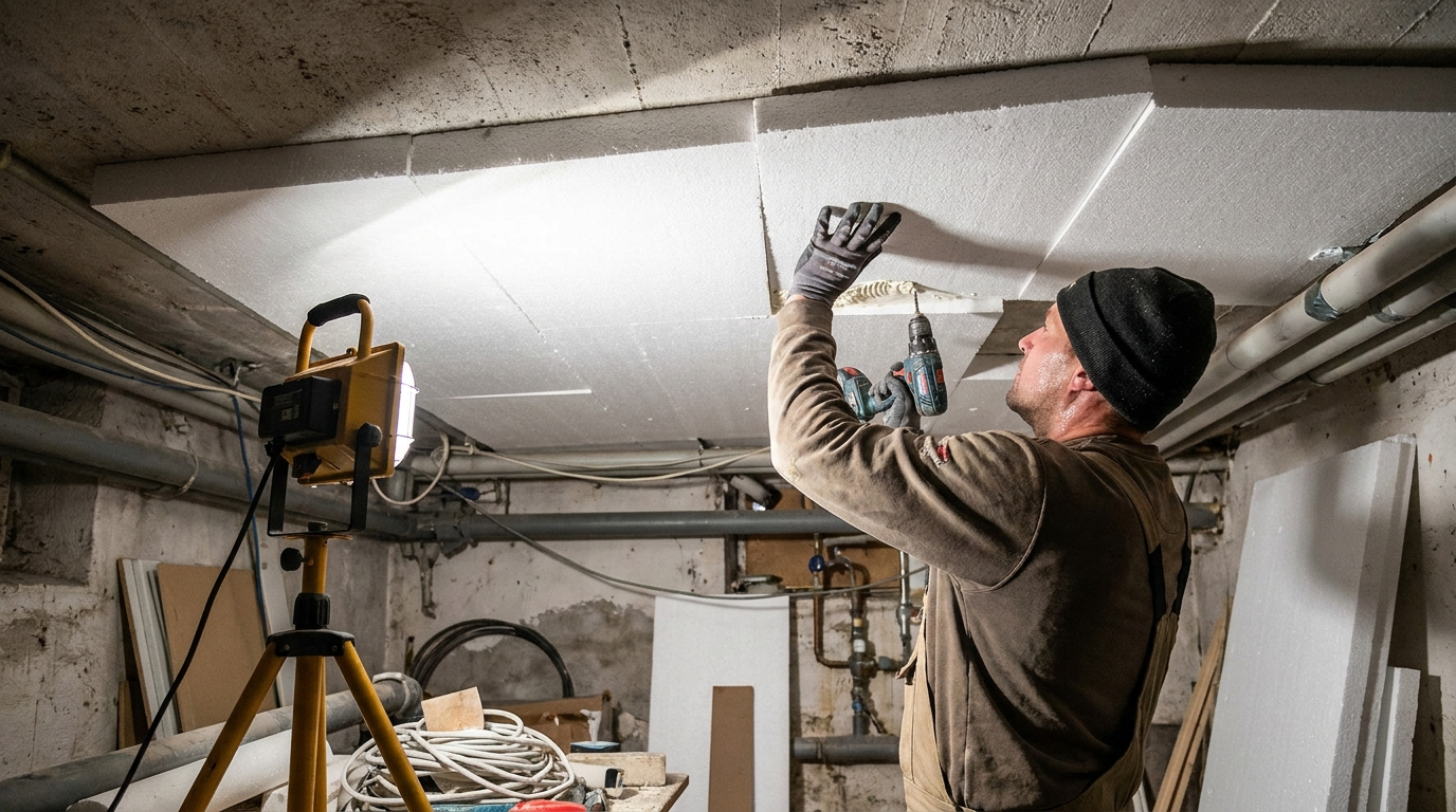 Handwerker dämmt eine Kellerdecke von unten